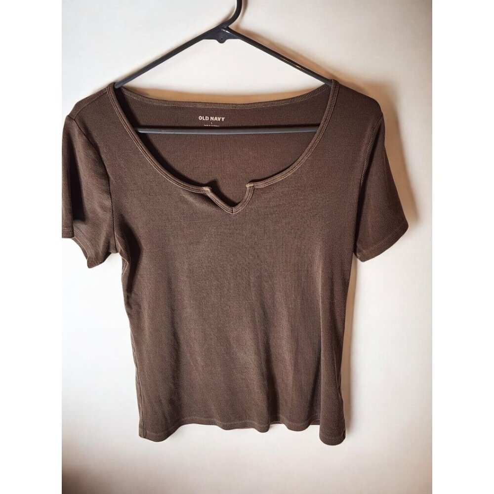 Old Navy Women’s Grey Ribbed Notch Neck Top Size L Stretch Casual Tee
